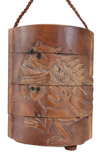 SIGNED JAPANESE CARVED WOOD MONKEY INRO BOX: Japanese 4-section inro box. Monkey on one side with the Japanese festival dragon mask and the others (on the other side)bringing up he tail-end. Carved monkey netsuke to top and mother of pearl
