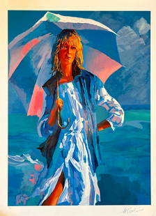 NICOLA SIMBARI "EL PARASOL" SERIGRAPH: Limited edition "El Parasol" serigraph by Nicola Simbari (Italian, 1927-2012). Depicting a woman holding a blue and white parasol umbrella with blue skies and waters behind her. Edition of 150.