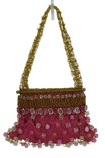 DONNATERRA BY BRAZIL PINK & GOLD COPPER HANDBAG: Pink satin bag with threaded with copper wire holding pink and clear faux gemstones resembling rose quartz. Magnetic snap closure, pink fabric interior, and "Donnaterra by Brazil" tag. Measures 7" H