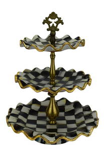 MACKENZIE-CHILDS COURTLY CHECK 3-TIER SWEET STAND: MacKenzie-Childs "Courtly Check" enamelware three-tier Sweet Stand (canape, cake, desert) server. Stand has hand-painted tiers of Courtly Checks, gold lustre, and a decorative solid brass petiole and