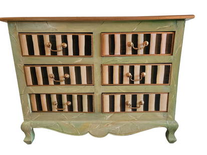 MACKENZIE-CHILDS STYLE ANNA DAVIS SIDEBOARD CHEST: Anna Davis (American/Armenian, b. 1948). Top central rectangular area having a rose blossom & buds on each side with a dotted background, Courtly Check style checkered outer border with gold trim.