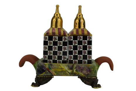 MACKENZIE-CHILDS CHELTENHAM SALT & PEPPER TRAY SET: Vintage MacKenzie-Childs "Cheltenham" (rare, retired pattern) salt and pepper shakers sitting atop a handled green faux marble tray having bronzed metal claw footed feet. Courtly check with flowers