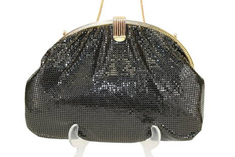 WHITING & DAVIS BLACK MESH EVENING HANDBAG CLUTCH: Vintage designer "Whiting and Davis" black mesh (sequin appearance) with gold hardware and chain strap. Black fabric interior with Whiting and Davis print, one pocket. Measures approximately 7" H