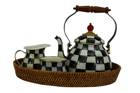 MACKENZIE-CHILDS COURTLY CHECK TEAPOT & TRAY SET 1: MacKenzie-Childs "Courtly Check" Enamelware 4pcs. Set including a tea kettle having cinnabar style lid handle (pot measures 7-3/4" H w/ lid x 7" Diameter base not including spout, 10-1/4" H w/ handle