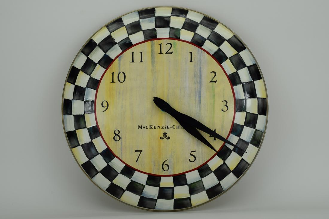 MACKENZIE-CHILDS COURTLY CHECK ENAMEL CLOCK: MacKenzie-Childs "Courtly Check" enamel clock. Measures 12" Diameter. Hallmarked "MacKenzie-Childs" to underside. THIRD PARTY SHIPPING REQUIRED.