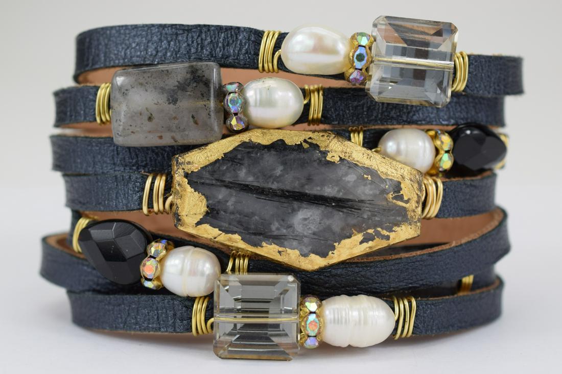 SUZI T DESIGN LEATHER LABRADORITE & PEARL BRACELET: Leather cuff snap bracelet having pearls, labradorite, and quartz. Measures approximately 8-1/4" L (in entirety) having two snap sizes. The buttons allow for 2 wrist sizes, approximately a 6-1/2" and