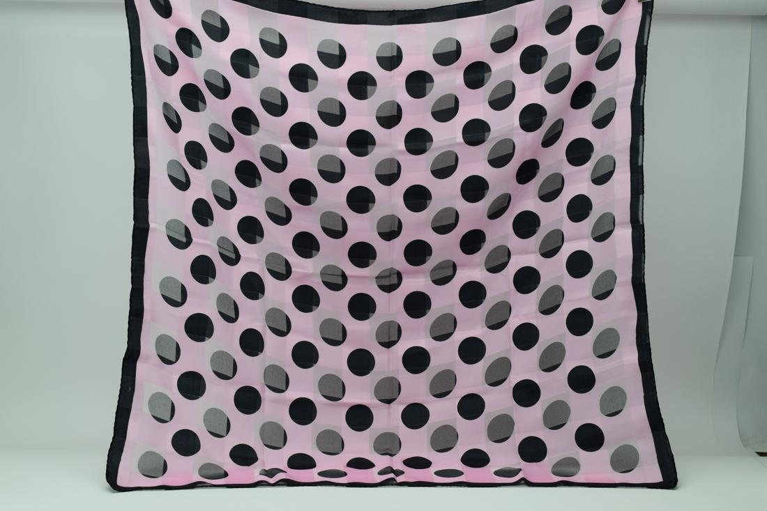 PINK & BLACK POLKA-DOT ITALIAN SHAWL SCARF: Made in Italy. 100% polyester. Measures 34-1/2" L x 34-1/2" W. U.S. PRIORITY SHIPPING $15 + INSURANCE.