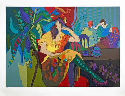 ISAAC MAIMON (ISRAELI, B.1951) "TABLE FOR ONE" SER: Limited edition serigraph on paper "Table For One" by Isaac Maimon. Depicting a fashionable lady in a hat seated alone at a table with her legs crossed. Another pair in the background. Tarkay style.