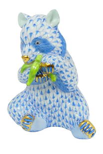 HEREND BLUE FISHNET 'PANDA BEAR' PORCELAIN FIGURE: Herend blue fishnet porcelain figurine of a panda bear. Marked to underside. Measures 5" height. U.S. PRIORITY SHIPPING $30 + INSURANCE.