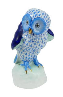 HEREND BLUE FISHNET 'OWL' PORCELAIN FIGURE: Herend blue fishnet porcelain figurine of an owl. Marked to underside. Measures 4 3/4" height. U.S. PRIORITY SHIPPING $30 + INSURANCE.