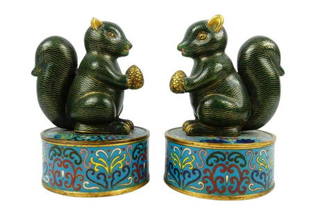 PR CHINESE CLOISONNE SQUIRREL BOXES: Pair of Chinese cloisonne round covered boxes with squirrels. Each measures 6" height x 4" diameter. U.S. PRIORITY SHIPPING $30 + INSURANCE.