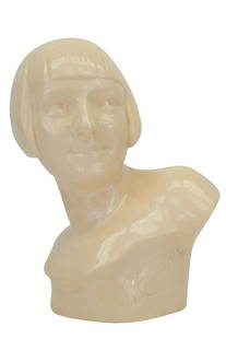 FRENCH CRACKLE GLAZE PORCELAIN FEMALE BUST: Ceramic bust of a lady with a bob haircut. Impressed signature "G/C"? "Fringue/Frinque"? to front and with "Edition Kaza, Made in France" in black in inside. Measures approximately 13"H x 9-1/4"W x