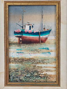 BERNARD MORINAY (FRENCH, B. 1949) OIL PAINTING 1: Framed oil on canvas nautical maritime landscape painting by Bernard Morinay (French, b.1950). Depicting a fishing vessel or other boat / ship sitting in the ocean. Signed to lower right. Couple small