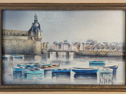 BERNARD MORINAY (FRENCH, B. 1949) OIL PAINTING 2: Framed oil on canvas nautical maritime landscape painting by Bernard Morinay (French, b.1950). Depicting a number of row boats floating in the water, a clock tower, bridge, and city behind. Signed to