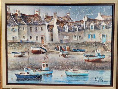 BERNARD MORINAY (FRENCH, B. 1949) OIL PAINTING 3: Framed oil on canvas nautical maritime landscape painting by Bernard Morinay (French, b.1950). Depicting some boats floating in the ocean and some dry on shore, people and villa behind. Signed to