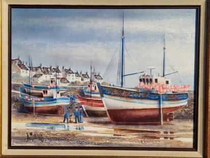 BERNARD MORINAY (FRENCH, B. 1949) OIL PAINTING 4: Framed oil on canvas nautical maritime landscape painting by Bernard Morinay (French, b.1950). Depicting fishing vessels boat / ships ashore with a few people, villas and sky in the background. Signed