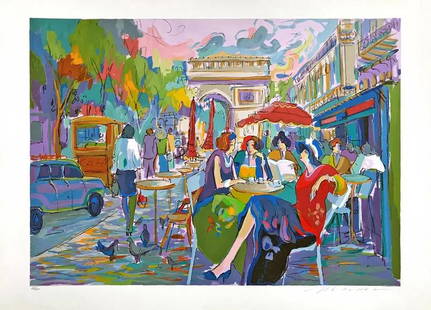 ISAAC MAIMON (ISRAELI, B.1951) "BUS STOP CAFÉ" SER: Limited edition serigraph on paper "Bus Stop Café" by Isaac Maimon. Depicting a Parisian or European street with people seated. Hand signed to lower right, numbered to lover left. Tarkay style.