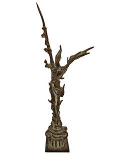 GEORGE KORAS BRONZE BRUTALIST SCULPTURE 1: George (Koutouratsas) Koras (Greek/American, 1925-2015). Abstract brutalist bronze sculpture. Depicting what could be interpreted as a nude winged figure with a spike standing atop a capital/column,