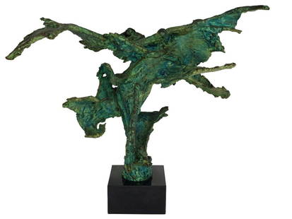 GEORGE KORAS BRONZE BRUTALIST SCULPTURE 2: George (Koutouratsas) Koras (Greek/American, 1925-2015). Abstract brutalist bronze sculpture on marble base. Depicting what could only be interpreted by your imagination. Impressed signature "G.