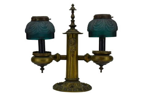 ANTIQUE EUROPEAN BRASS DOUBLE OIL LANTERN LAMP: Very unusual continental bronzed brass oil lantern turned electric lamp. 2 lights emerging from a central column, on which the bust of a European or French nobleman is mounted, with a flared base