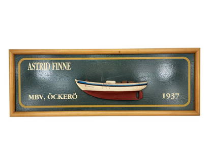 SHIP HALF HULL PLAQUE "ASTRID FINNE" 1937: Astrid Finne, MBV, Ockero, 1937. Vintage half hull ship's model wall hanging plaque. Unique addition to any nautical or maritime collection. Measures 18-1/2" L x 6-1/2" H x 2" D. THIRD PARTY SHIPPING