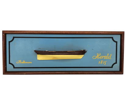 SHIP HALF HULL PLAQUE "HERALD" 1815: Herald, Baltimore, 1815. Vintage half hull ship's model wall hanging plaque. Unique addition to any nautical or maritime collection. Measures 18-1/2" L x 6-3/4" H x 2" D. THIRD PARTY SHIPPING