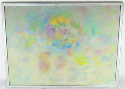 CARL ALLEN ABSTRACT OIL PAINTING ON CANVAS: Carl Allen (American, 20th C) mid-century oil painting on canvas depicting a still life with fruit. Signed lower right and dated 1966. Measures 29 3/4" x 21 3/4" + 1 1/4" frame. THIRD PARTY SHIPPING R