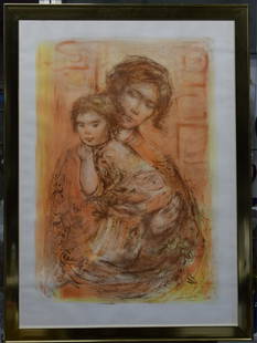 EDNA HIBEL "MOTHER & CHILD" SIGNED LITHOGRAPH: Edna Hibel (American,1917-2014) lithograph depicting a baby in it's mother's warm embrace. Hand signed "Hibel" and numbered "232/276" in pencil. Image measures 36" H x 24" W, sheet approximately 42" H