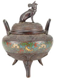 CHINESE BRONZE CLOISONNE TRIPOD LIDDED VESSEL