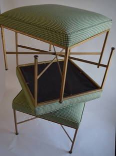 3 PAUL MCCOBB 1917-69 FOR DIRECTIONAL BRASS STOOLS: 3 PAUL MCCOBB 1917-69 FOR DIRECTIONAL BRASS STOOLS Square tubular brass frames with X-shaped cross stretchers, green plaid upholstery. Marked with dates in 1960. Measures 20" (50.8cm) long x 20" (50.8