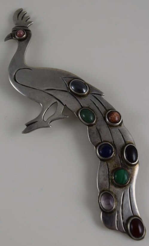 SIGNED FER'S TAXCO STERLING SILVER PEACOCK BROOCH (1 of 9)