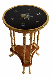 ANTIQUE PIETRA DURA MOSAIC BIRD & BUTTERFLY TABLE: ANTIQUE PIETRA DURA MOSAIC BIRD & BUTTERFLY TABLE Featuring Lapis Lazuli, Malachite, and other semi-precious stones carefully cut , fit, and inlaid in black marble. "An attractive turn of the century