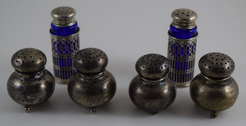LOT OF 6 STERLING SILVER SALT AND PEPPER SHAKERS: LOT OF 6 STERLING SILVER SALT AND PEPPER SHAKERS Four matching with "C" and "WRC" monograms. Hallmarked "[Ship w/ sail]", "HS [in shield]', "[Dog or wolf face]", "Sterling", and "1306". Each measures