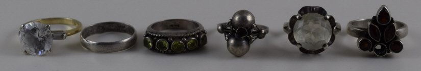 LOT 6 VINTAGE STERLING SILVER RINGS TAXCO + MORE: LOT 6 VINTAGE STERLING SILVER RINGS TAXCO + MORE All hallmarked ".925" or "sterling". 3 hallmarked "Taxco", "Mexico", with artist initials. 1 hallmarked "lga" or "iga". One missing stone. Ring sizes 9
