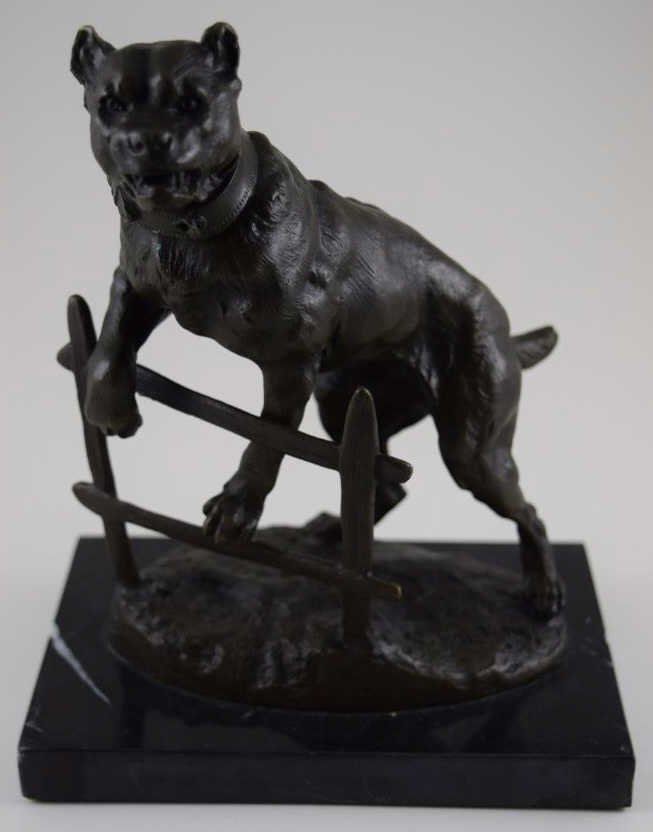 AFTER CHARLES VALTON GUARD DOG FRENCH BRONZE: AFTER CHARLES VALTON GUARD DOG FRENCH BRONZE Bronze guard-dog towering a fence, on a marble base. Marked "C. Valton". Measures 7" (17.78cm) high x 6" (15.24cm) wide. Weighs 4lbs. THIRD PARTY SHIPPING