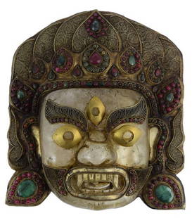 ROCK CRYSTAL STERLING EMERALD GARNET BHAIRAVA MASK: Bhairava (Sanskrit, "Terrible, Frightful") is a Hindu deity, a fierce manifestation of Shiva associated with annihilation. Bhairava originated in Hindu legends and is sacred to Hindus, Buddhists and J