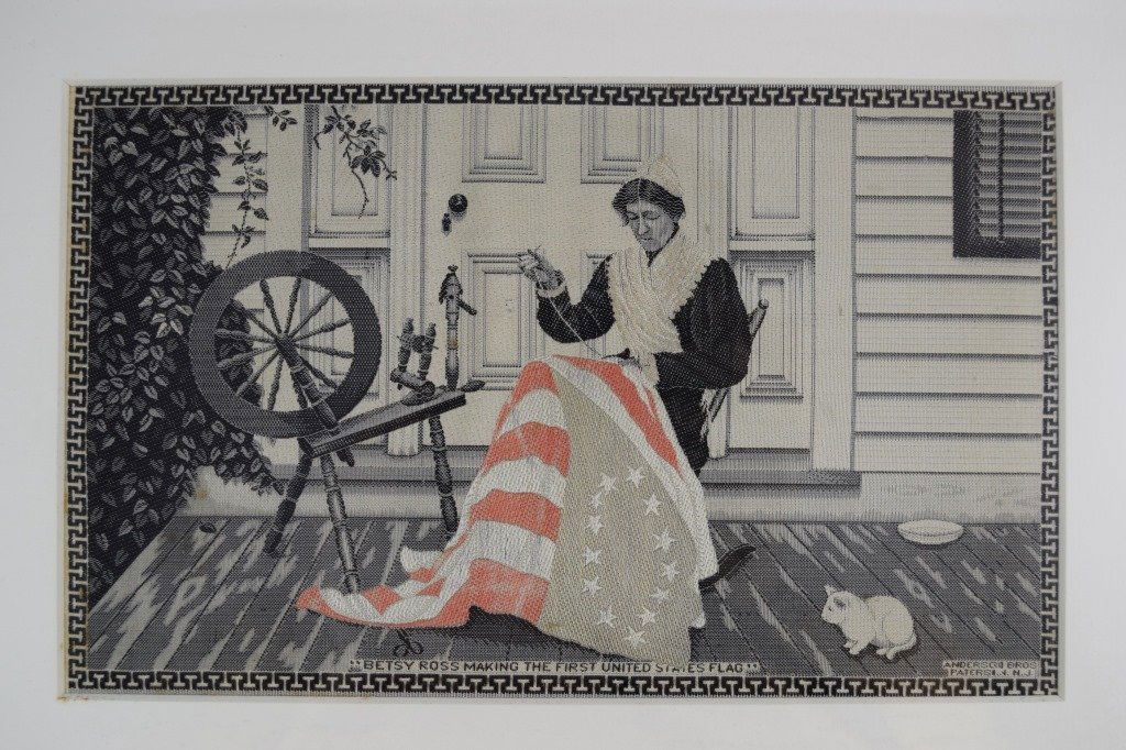 ANDERSON BROTHERS STEVENGRAPH JACQUARD-WOVEN SILK: Woven silk picture depiction "Betsy Ross making the first United States flag", c. 1890. Anderson Brothers, Patterson, N.J. Viewable area measures 5" (12.7cm) high x 8" (20.3cm) wide. Frame measures 10