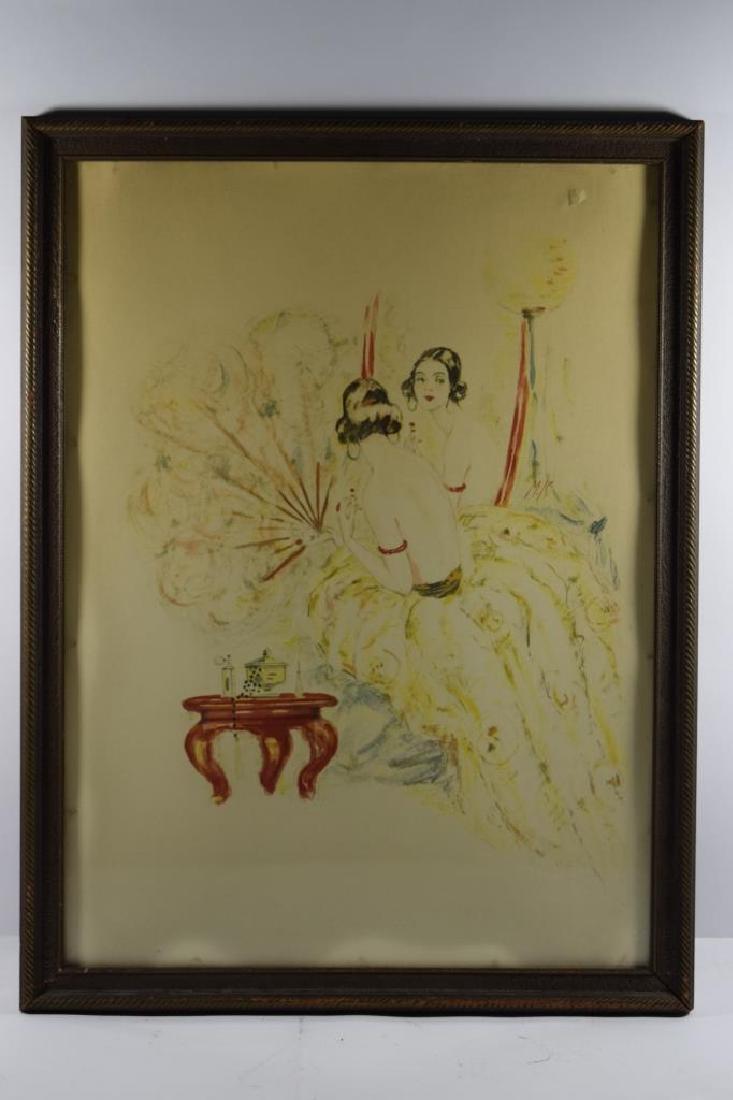 LIPSTICK LADY COLORED PENCIL DRAWING SIGNED M.K.: Depicting lady with fan applying lipstick in the mirror. Perhaps Max Klinger (came from the same estate as the 2 others)? Viewable area measures 18 1/2" H x 13 1/2" W. Frame measures 20 1/2" H x 15 1/