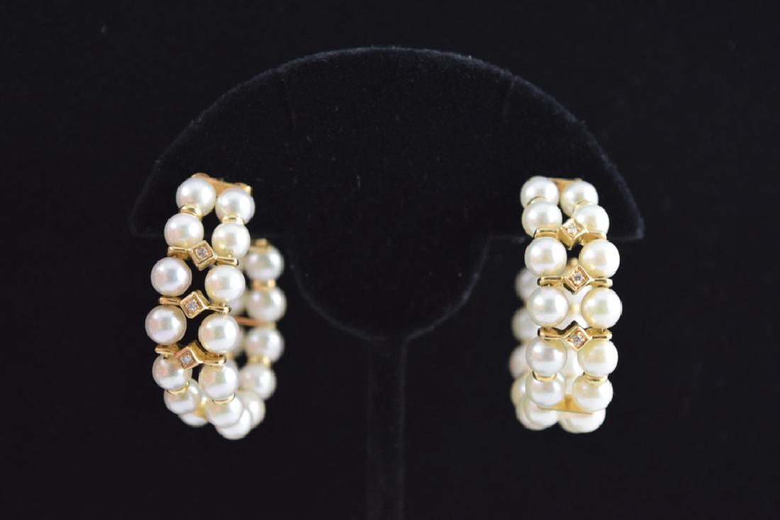 PAIR 14K GOLD DIAMOND PEARL DOUBLE HOOP EARRINGS (1 of 10)