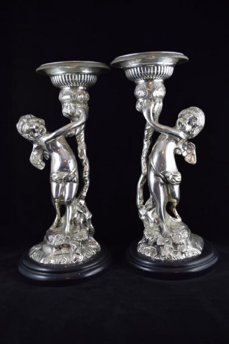 PAIR CHERUB SILVER OVER BRONZE CANDLESTICKS (1 of 9)