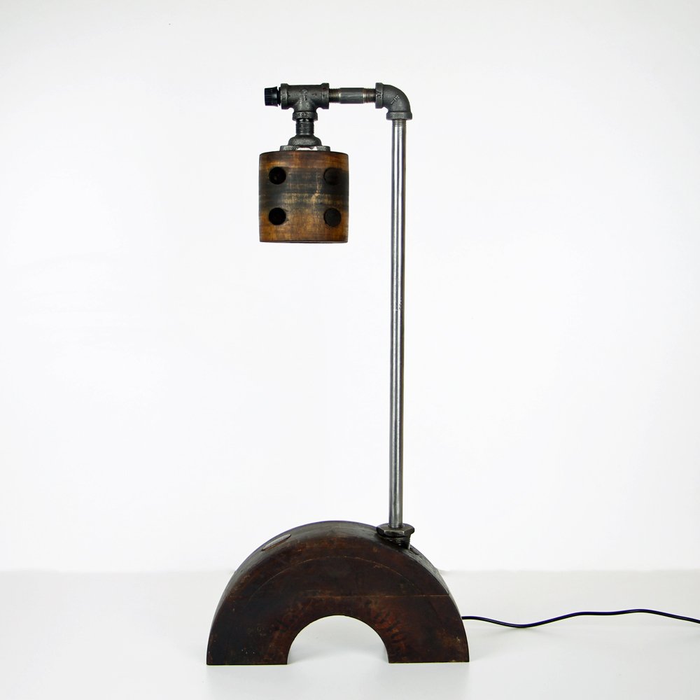 Industrial Oak & Steel Table Lamp: This handmade one of a kind Steampunk Industrial desk lamp. This table lamp features steampunk industrial styling using early 20th century industrial wood flat belt pulleys and a cast steel pipe shaft