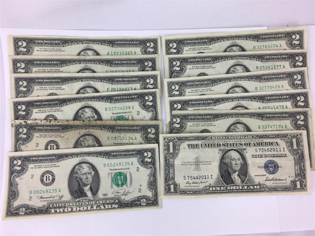 TWELVE US 2 DOLLAR AND 1 DOLLAR BILLS (1 of 3)