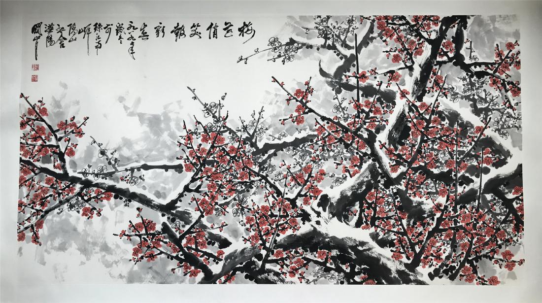 LARGE CHINESE SCROLL PAINTING OF PLUM BLOSSOMING (1 of 4)