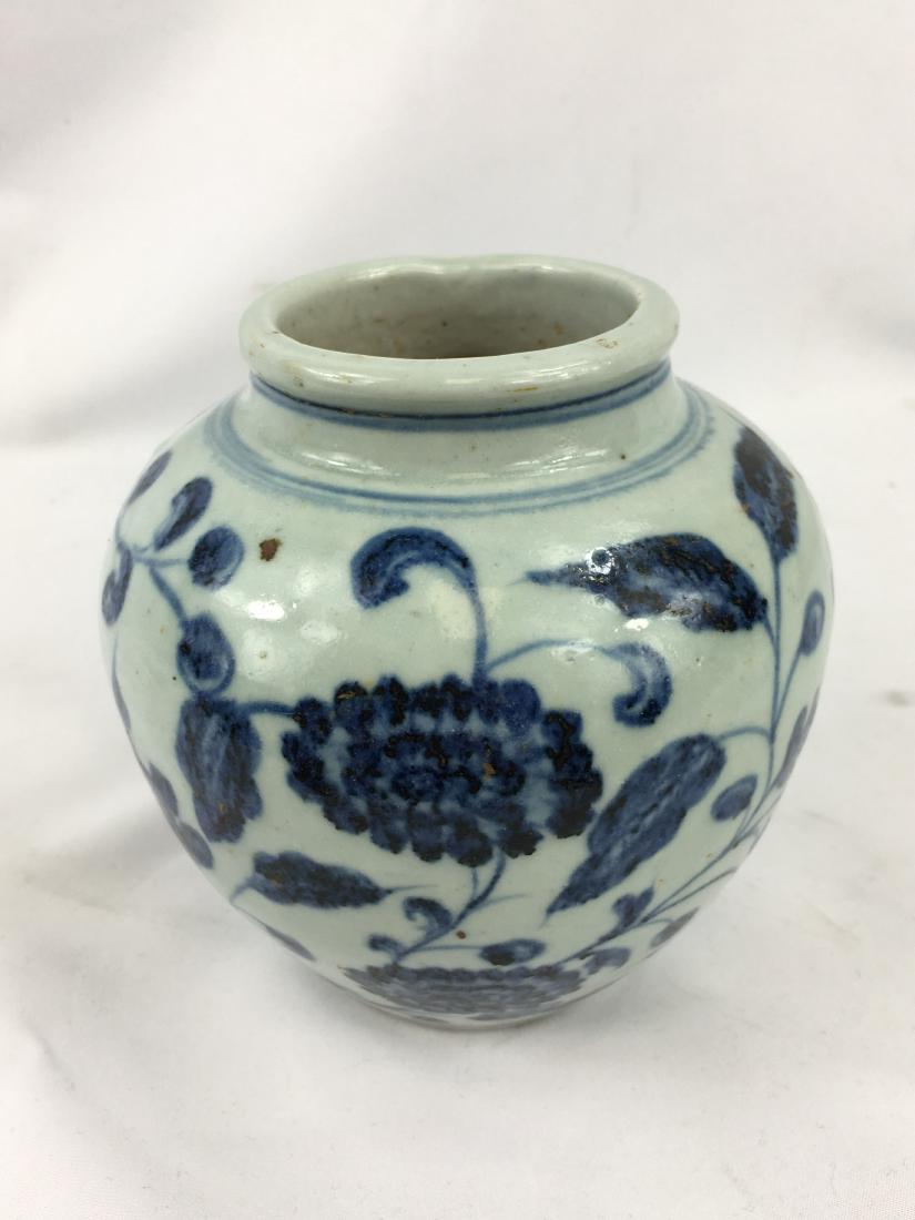 CHINESE PORCELAIN BLUE AND WHITE JAR: CHINESE PORCELAIN BLUE AND WHITE JAR. H. 5 in. Domestic shipping $20 and oversea $50. Combined shipping available. We accept pre-sale offer, phone bidding and post sale offer.