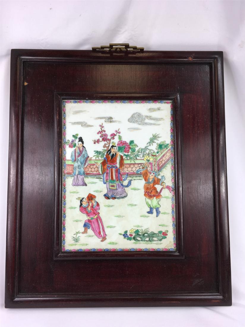 CHINESE PORCELAIN FAMILLE ROSE PLAQUE WITH ORIGINAL: CHINESE PORCELAIN FAMILLE ROSE PLAQUE WITH ORIGINAL FRAME. Image size 12 in. by 9 in. Domestic shipping $80 and oversea $160. Combined shipping available. We accept pre-sale offer, phone bidding and p