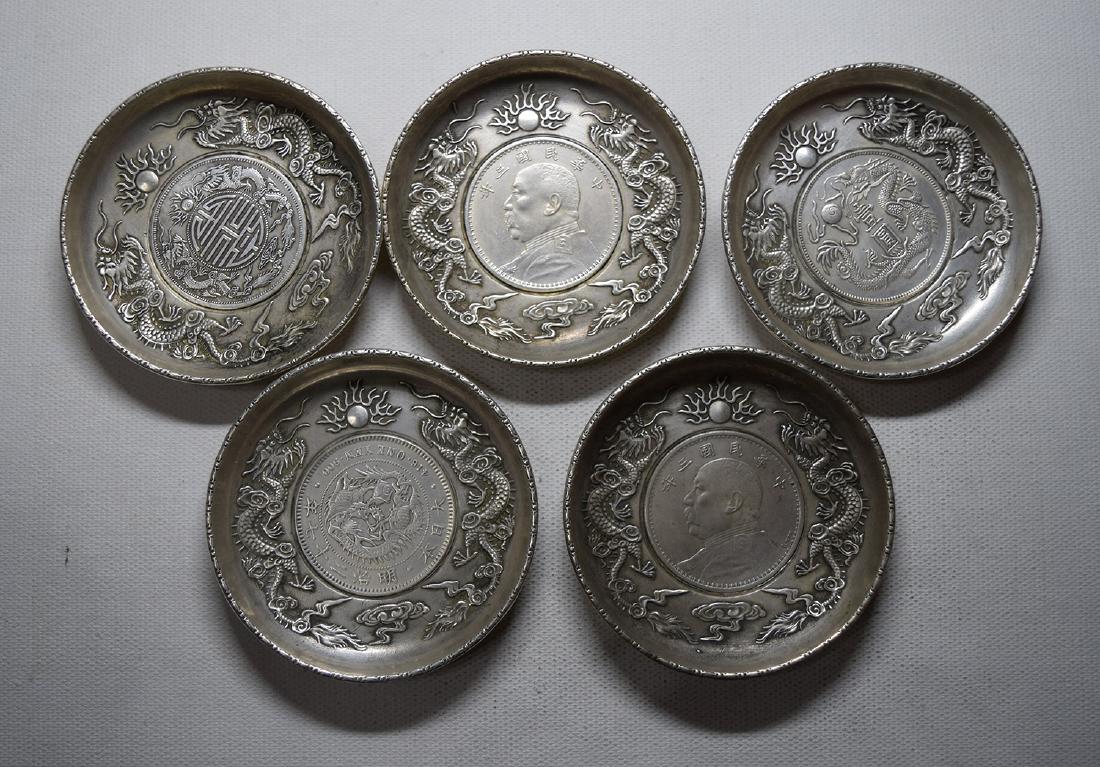 FIVE CHINESE SILVER DISHES WITH COINS (1 of 3)
