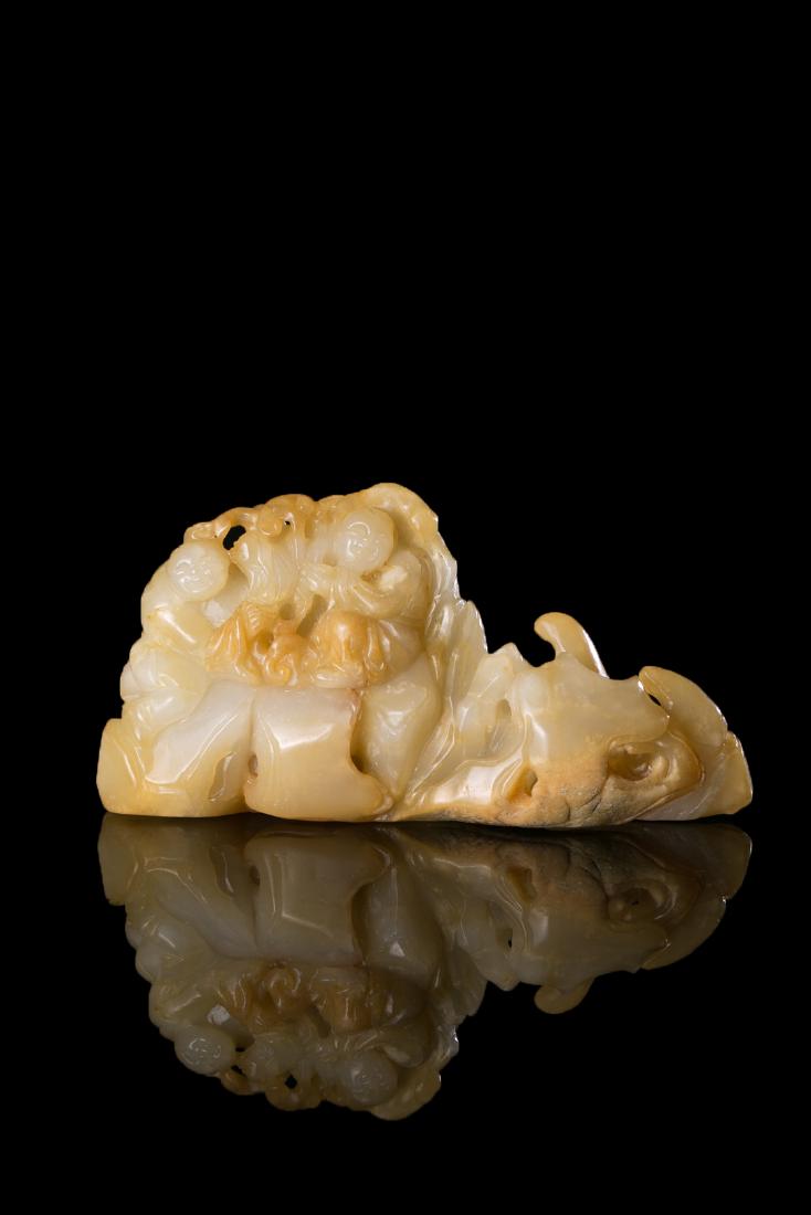 CHINESE HETIAN JADE CRAVING: CHINESE HETIAN JADE CRAVING. H. 8 cm. W. 16 cm. T. 3.6 cm. Weight 615 gram. Domestic shipping $20 and oversea $40. Combined shipping available. We accept pre-sale offer, phone bidding and post sale of