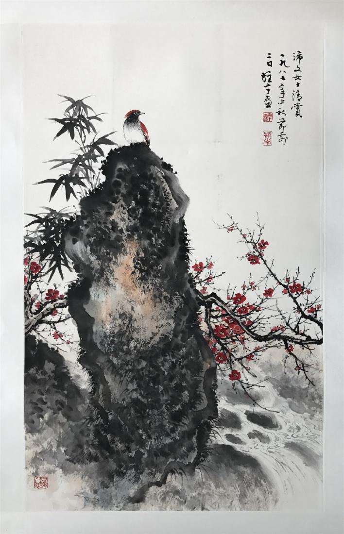 CHINESE SCROLL PAINTING OF BIRD AND ROCK: CHINESE SCROLL PAINTING OF BIRD AND ROCK. Signed and dated. Image only size 95 cm by 58 cm. Domestic shipping $20 and oversea $40. Combined shipping available. We accept pre-sale offer, phone bidding 