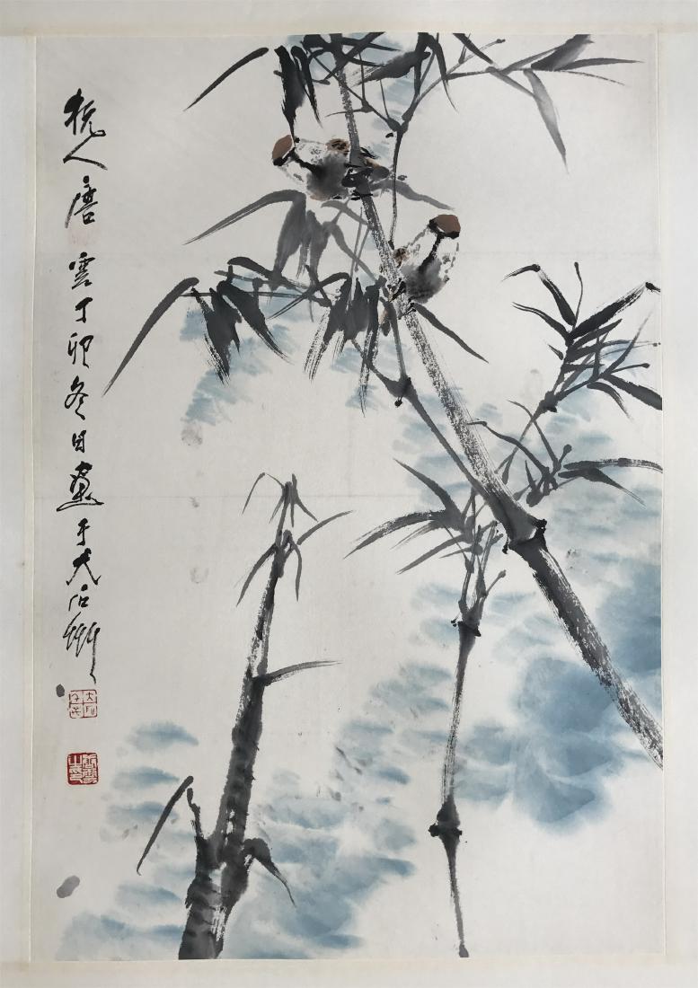 CHINESE SCROLL PAINTING OF BIRDS AND BAMBOO: CHINESE SCROLL PAINTING OF BIRDS AND BAMBOO. Signed and dated. Image only size 67 cm by 41 cm. Domestic shipping $20 and oversea $40. Combined shipping available. We accept pre-sale offer, phone biddi