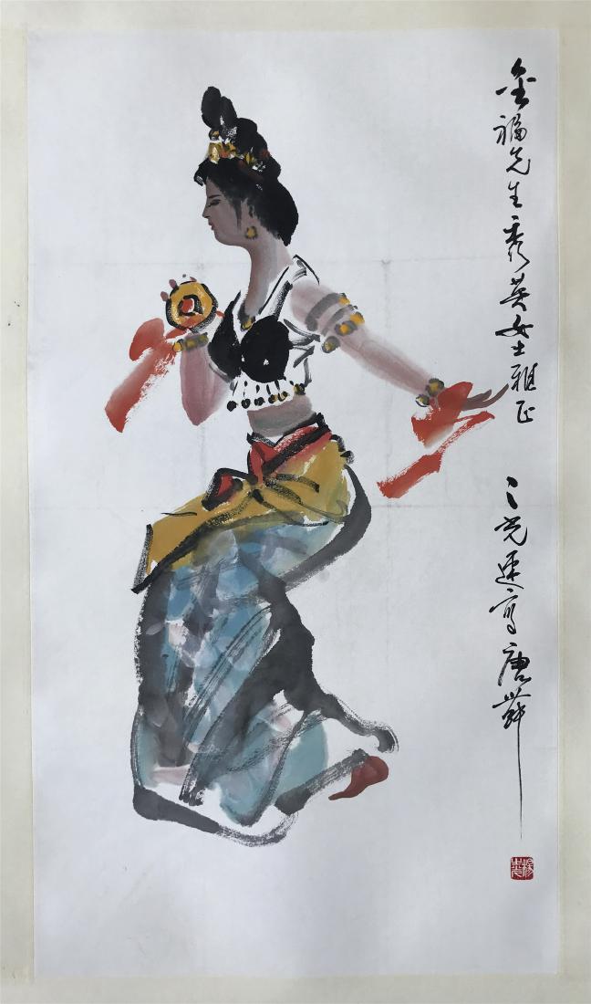 CHINESE SCROLL PAINTING OF DANCER: CHINESE SCROLL PAINTING OF DANCER. Signed and dated. Image only size 95 cm by 54 cm. Domestic shipping $20 and oversea $40. Combined shipping available. We accept pre-sale offer, phone bidding and pos